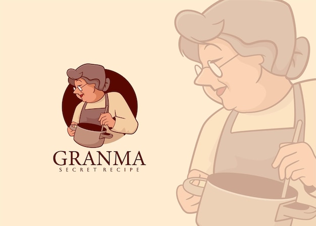 Vector grandma chef hold hot pot logo for restaurant and homemade culinary logo