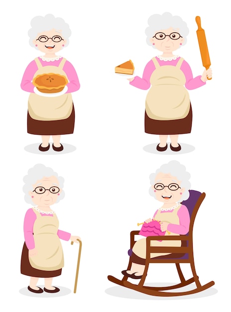Вектор Бабушка готовит, бабушка в платье и очках