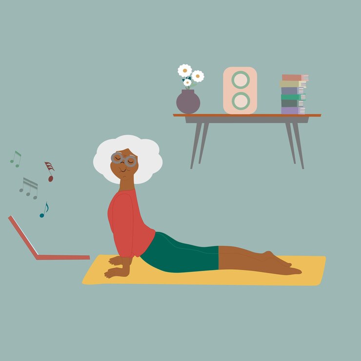 Vector grandma does yoga using a laptop. on the table there is a vase with flowers, a music column and book