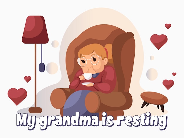 Grandma Enjoying Tea Flat Illustration