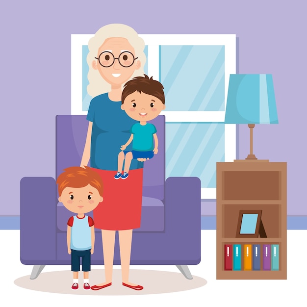 grandma and geandchildren in the livingroom