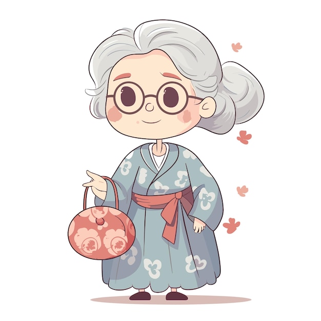 Vector grandma in glasses with a bag in kawaii style vector illustration