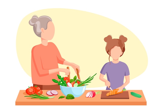 할머니와 손녀가 야채 샐러드를 준비하고 있습니다. 가족. 만화 디자인입니다.