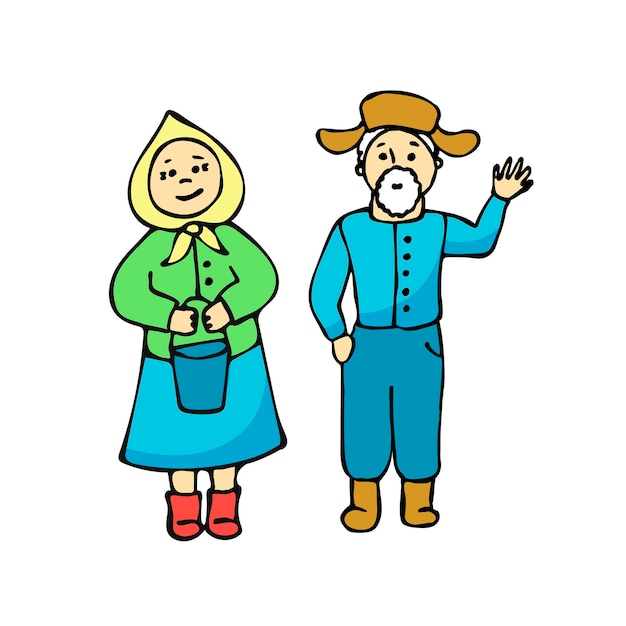 할머니와 할아버지는 낙서 스타일의 흰색 배경에 만화 캐릭터 마을에 있습니다