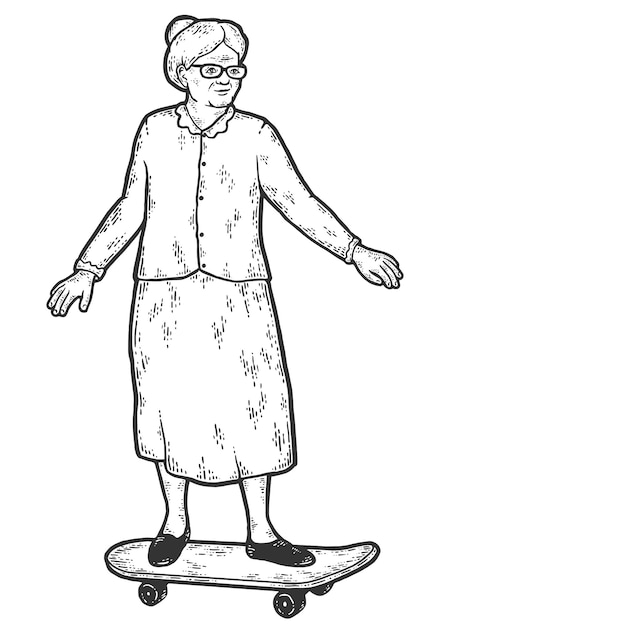 La nonna sta guidando uno skateboard imitazione del tabellone da disegno in bianco e nero
