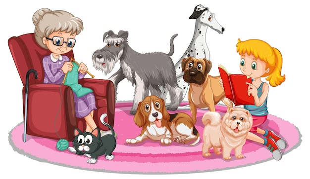 Vector grandma knitting with her dogs and cats