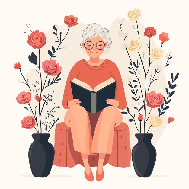 grandma reading amidst roses