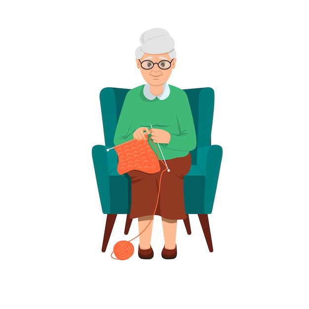 おばあちゃんは柔らかい青い椅子とニットに座っています