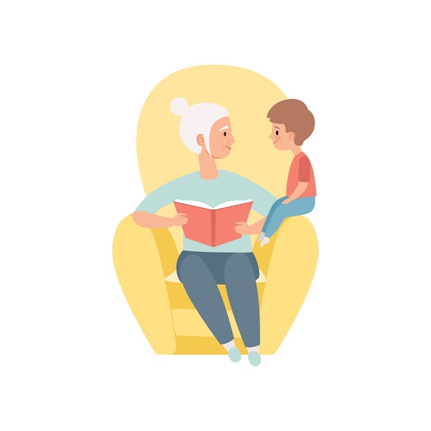 おばあちゃんが椅子に座って小さい孫に本を読んでいますおばあちゃんは孫と遊んで時間を過ごしていますベクトルイラストは白い背景に隔離されています