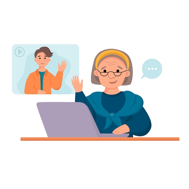 Grandma talks to her grandson over the internet. an elderly woman uses a laptop to communicate. vector illustration in cartoon style on a white background.