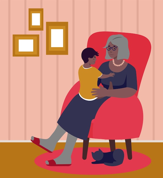 Бабушка и ребенок уютная векторная иллюстрация в плоском стиле