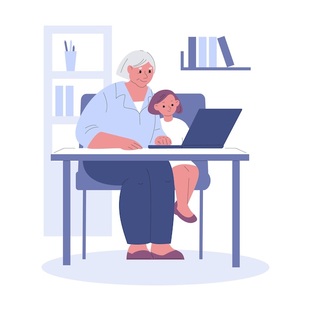 할머니와 손녀가 노트북을 들고 앉아 있습니다. 평면 스타일의 벡터 일러스트 레이 션.