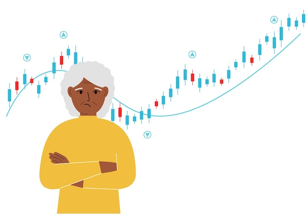A grandmother on the background of a Forex chart Conceptual illustration on the topic of strategic planning in trading on the stock exchange