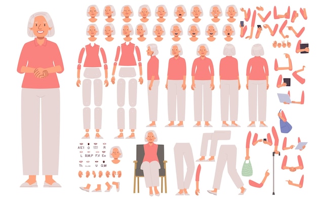 Nonna costruttore di personaggi per l'animazione donna anziana in varie poses_ai_generated