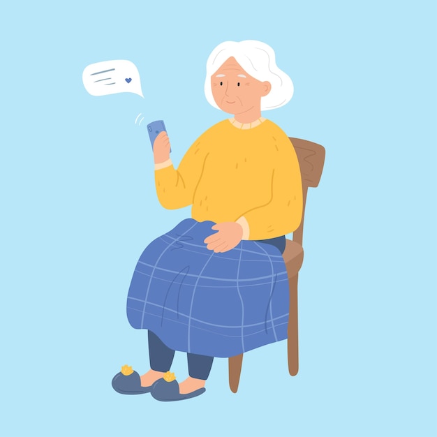 Vector grandmother chatting by phone and sitting on chair.