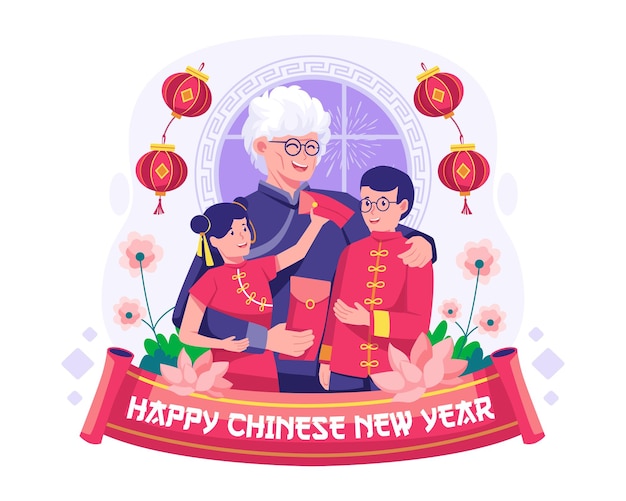 Бабушка дарит своим двум внукам счастливые красные конверты на иллюстрации к китайскому Новому году