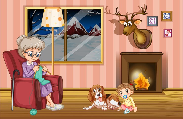 Vector grandmother and granddaughter in the living room