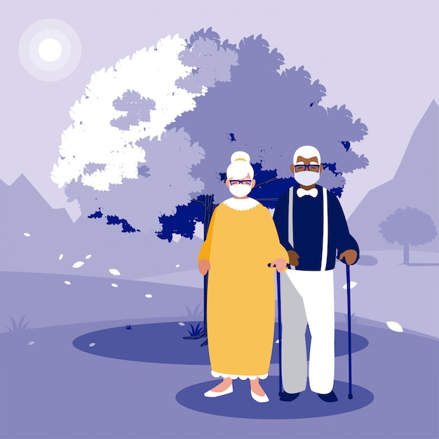 Vector grandmother and grandfather with mask in front of landscape
