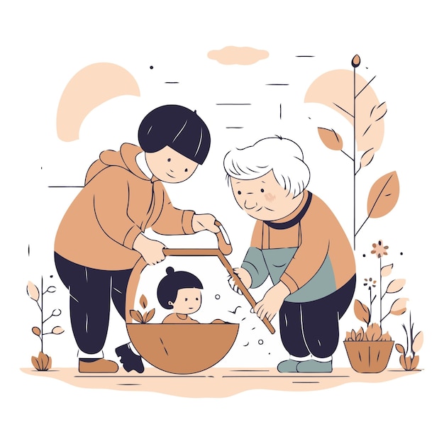 Grandmother and grandson cooking together in the garden