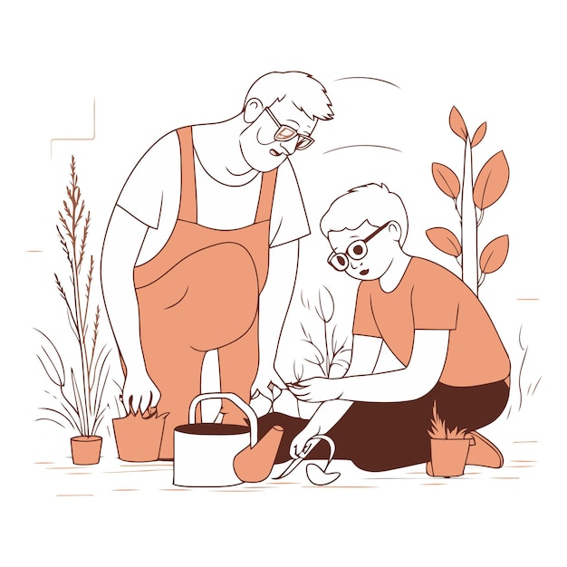 Vector grandmother and grandson planting plants in the garden