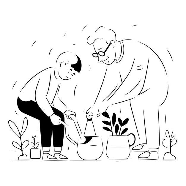 Vector grandmother and grandson watering plants in pots flat vector illustration