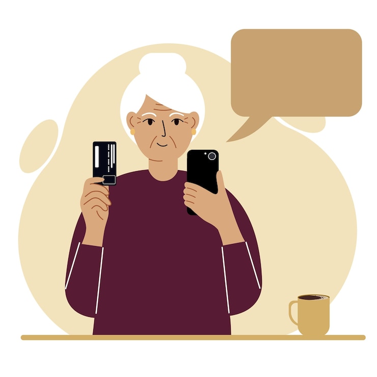 Vector grandmother holds a mobile phone in one hand and a plastic card in the other. an older woman is learning to pay online. vector flat illustration