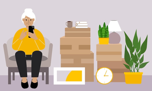 Grandmother at home with a mobile, phone sits in a chair. The concept of online registration of delivery of boxes, goods and assistance in moving. Flat vector illustration.