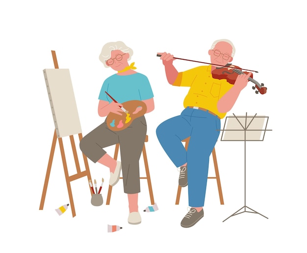 Vettore la nonna sta dipingendo su un cavalletto, suo nonno sta suonando il violino, illustrazioni disegnate a mano in proporzioni realistiche.