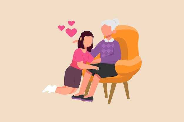 Grandmother is sitting on the sofa and hug her granddaughter with love Grandparents day Colored flat vector illustration isolated