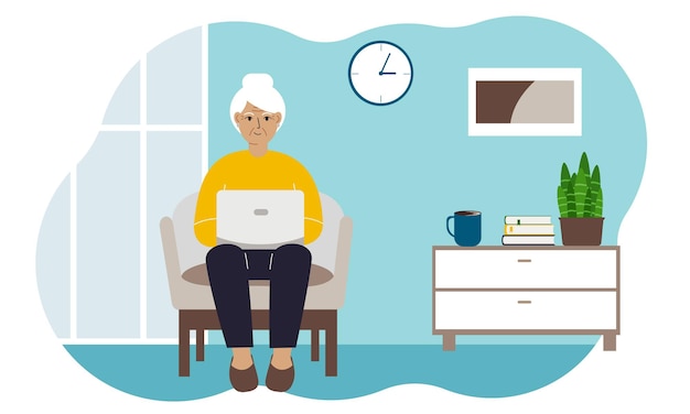 Бабушка сидит с ноутбуком на кресле дома. работаю на компьютере. интернет-образование, обучение или концепция социальных сетей. векторная иллюстрация плоский