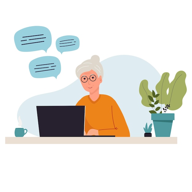 Vector grandmother is sitting with a laptop at home