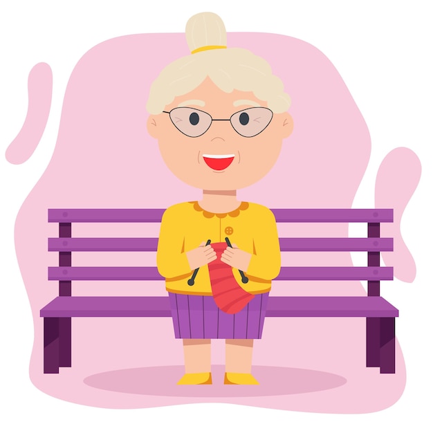 Vector grandmother knits sitting on a bench. elderly people