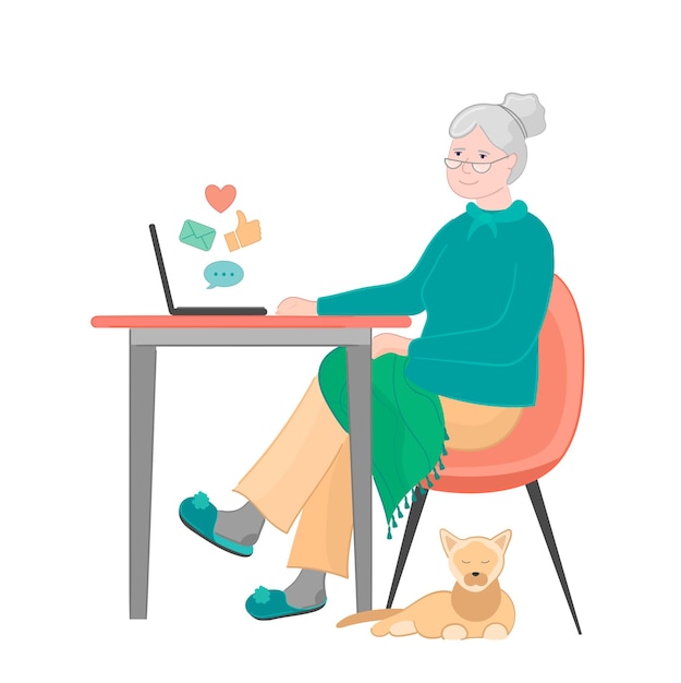 Vector grandmother at laptop work or chatting or work onlene.