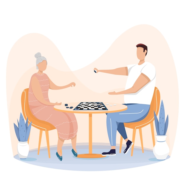 Vector grandmother, old woman playing chess with his grandson, happy family concept. people playing board game.