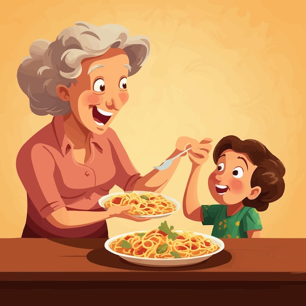 Grandmother presenting a plate of pasta to her granddaughter Cartoon Vector