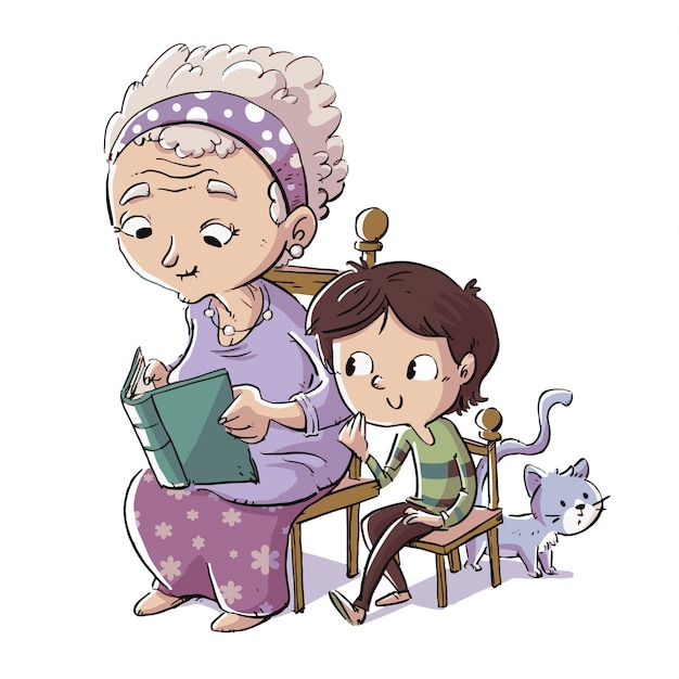 Vector grandmother reading a book with her grandson