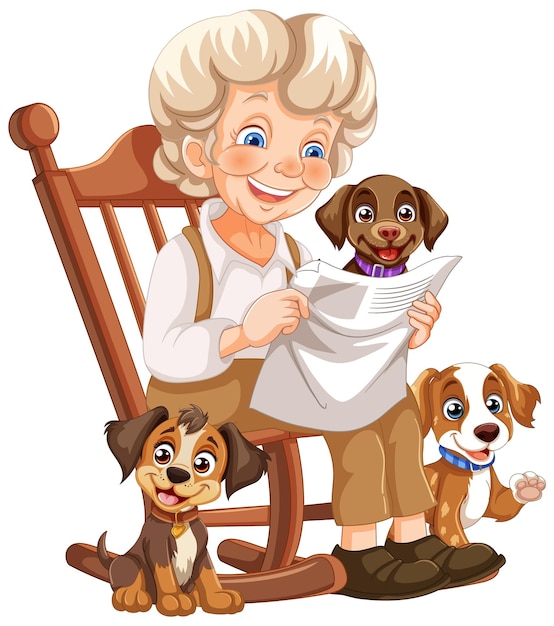 Vector grandmother reading with pet dogs