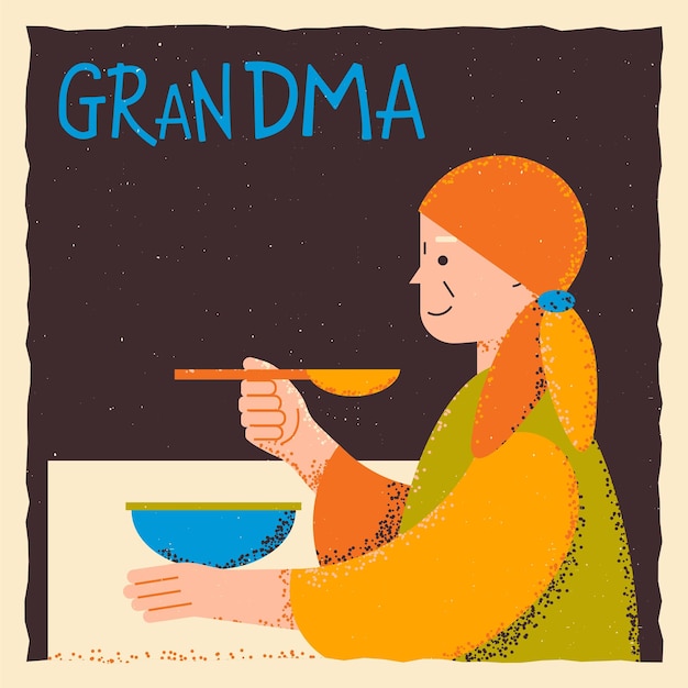 Grandmother sits at the table and eats in a scarf with a spoon in her hand and text grunge style