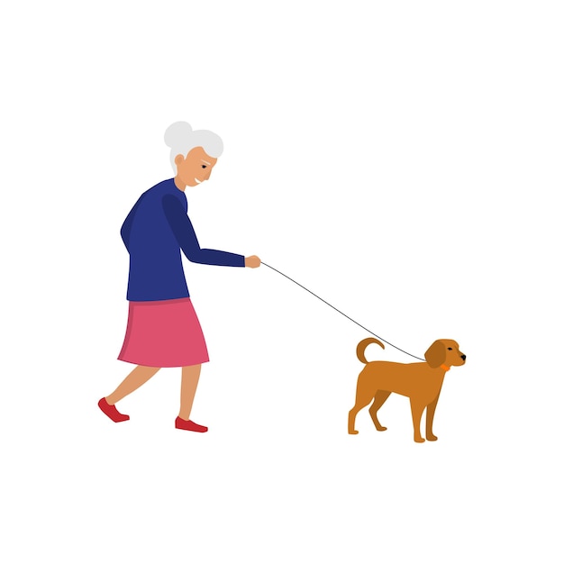 Grandmother walks in the park with her dog