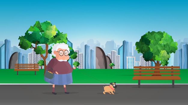 Grandmother walks in the park with a small dog. Flat style   illustration.