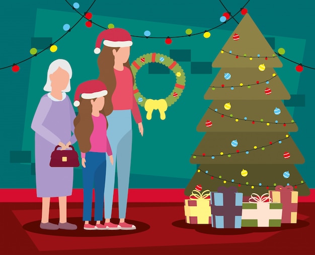 Vector grandmother with daughter and granddaughter in room christmas decorated