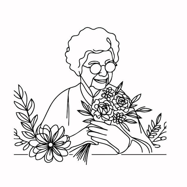 Vettore nonna con fiori e foglie avatar personaggio vettoriale illustrazione desing.