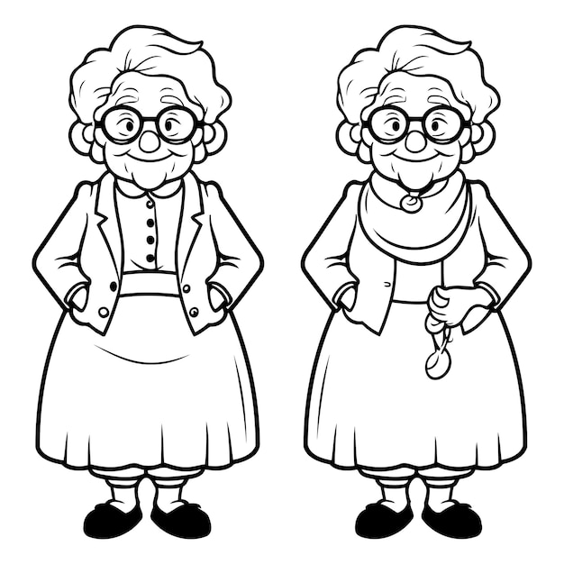 Grandmother with glasses Black and white vector illustration for coloring book