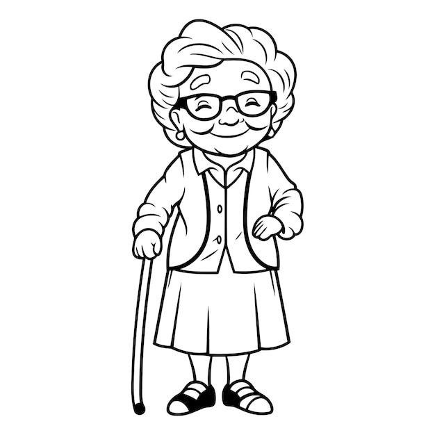 Vettore nonna con bastone da passeggio vettore di illustrazione di cartoni animati in bianco e nero