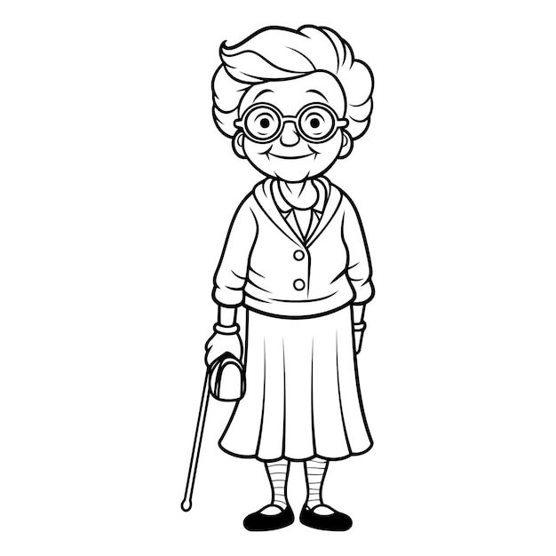 Vector grandmother with walking stick in black and white colors