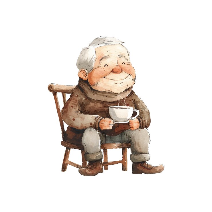Vector grandpa drink hot coffee on chair vector illustration in watercolor style