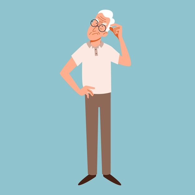 Grandpa in glasses thought trying to remember scratching his head