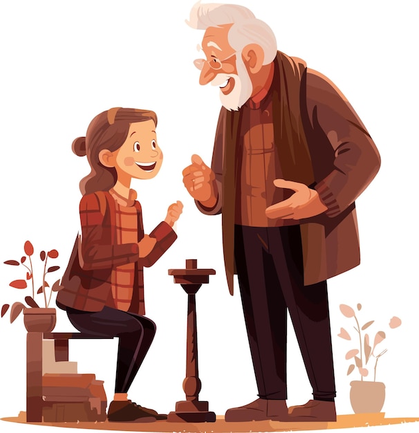 Grandpa and granddaughter sharing a cute moment talking playing vector illustration isolated