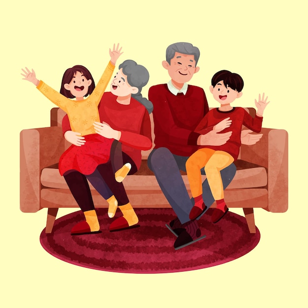 Grandpa and grandma hugging grandchildren on sofa