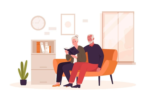 Vector grandpa and grandma reading a book on the sofa